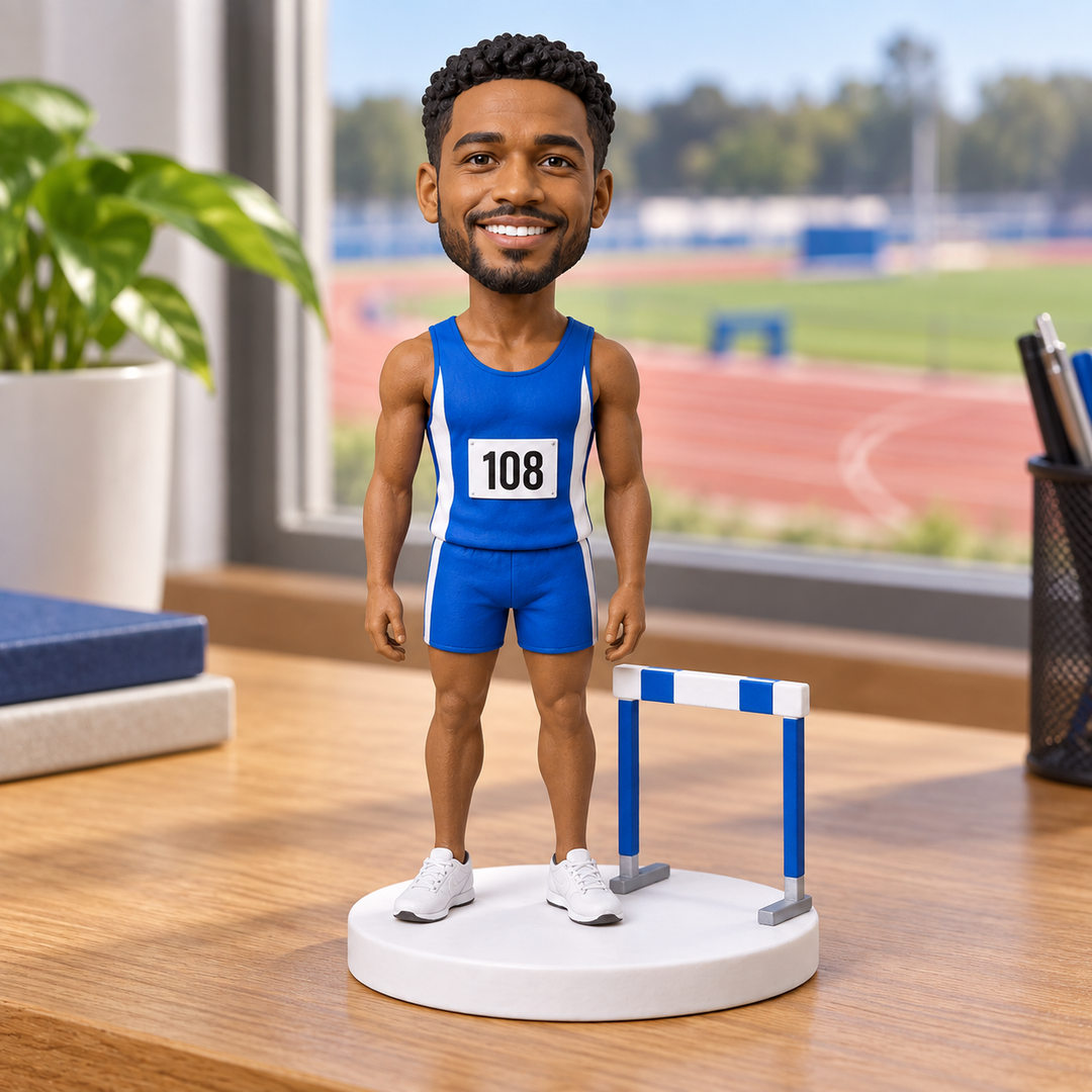 Standing hurdler bobblehead desk display