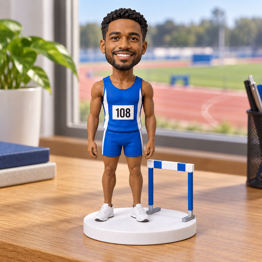 Standing hurdler bobblehead desk display