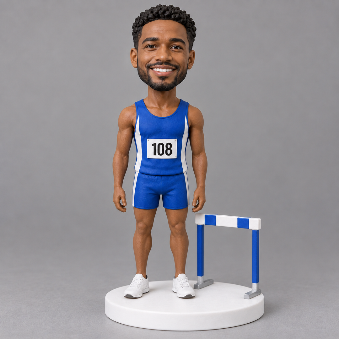 Standing hurdler bobblehead front view