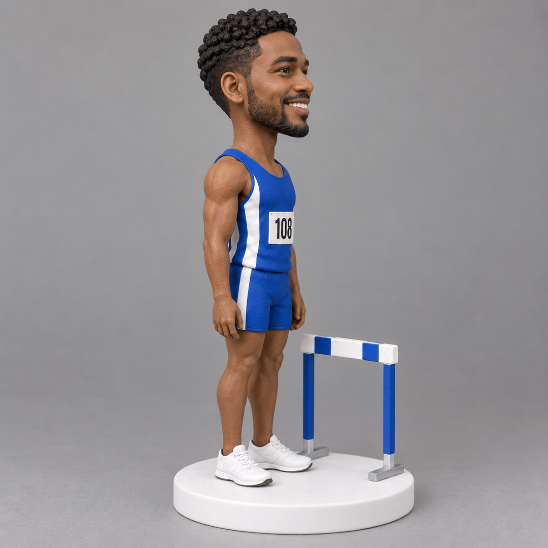 Standing hurdler bobblehead side view