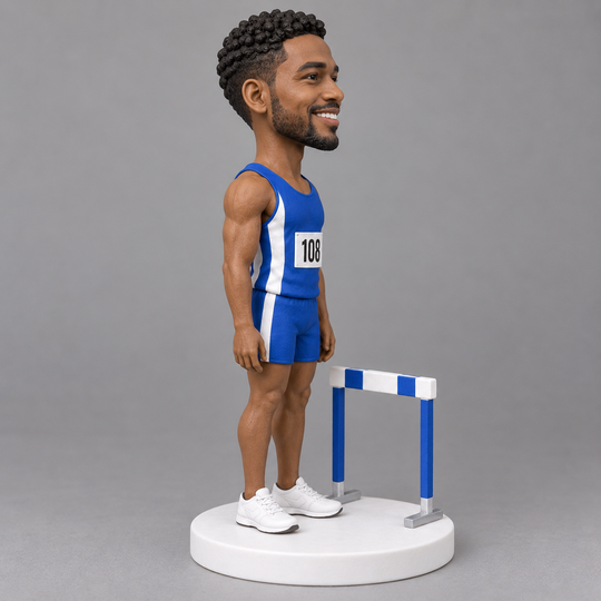 Standing hurdler bobblehead side view