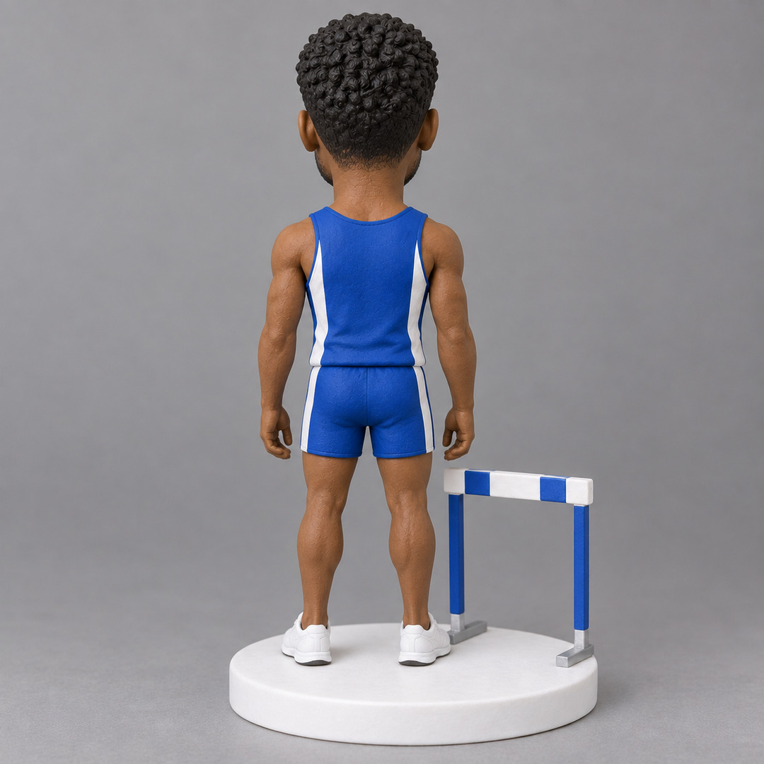 Standing hurdler bobblehead rear view