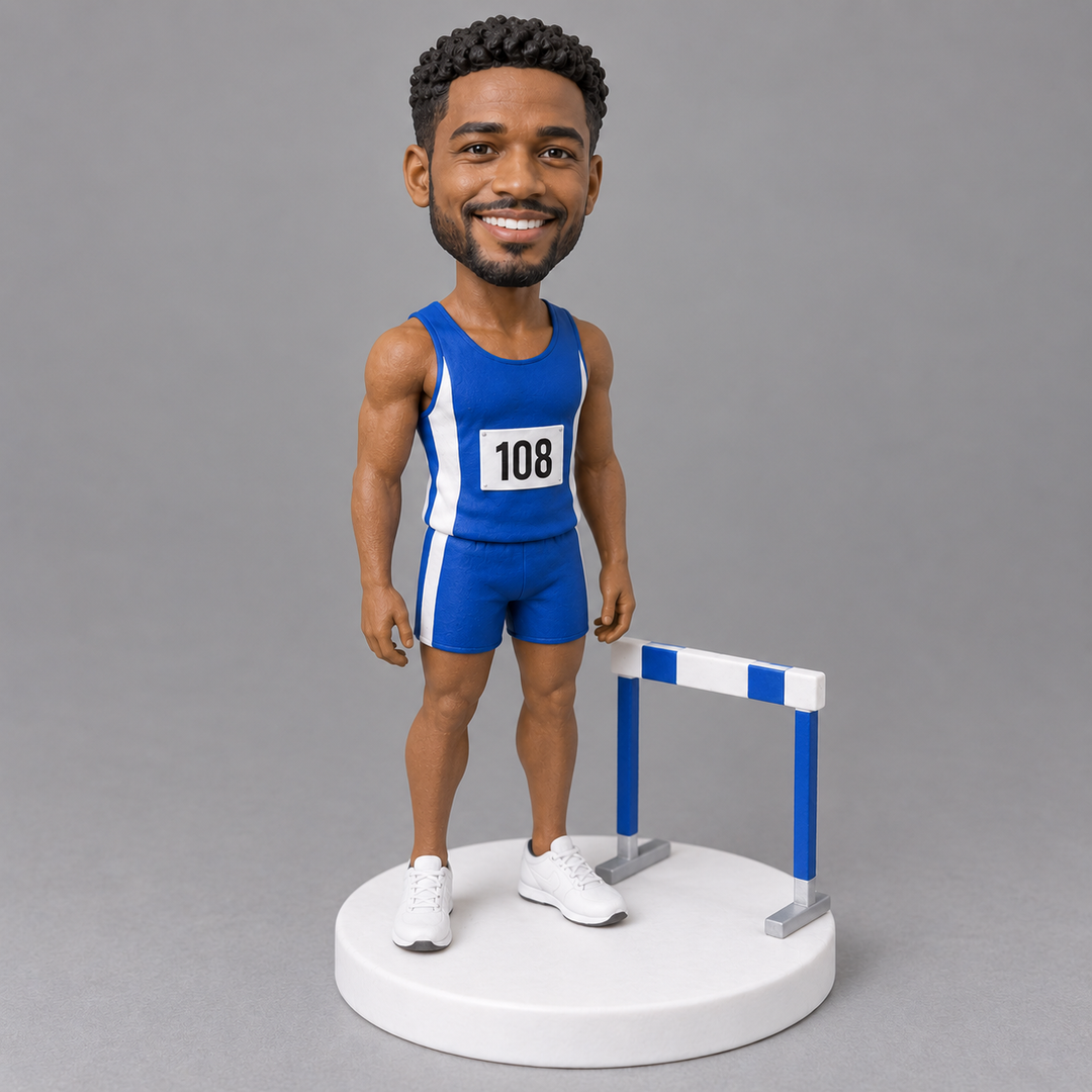 Standing hurdler bobblehead angled view