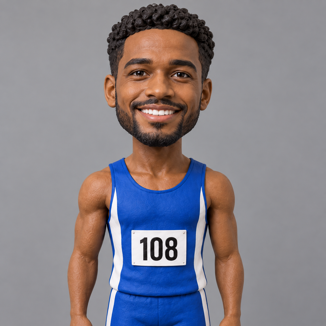 Hurdler bobblehead face and race bib detail