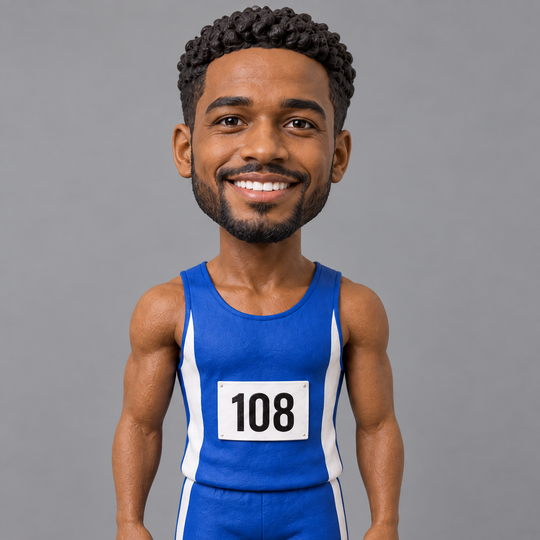 Hurdler bobblehead face and race bib detail