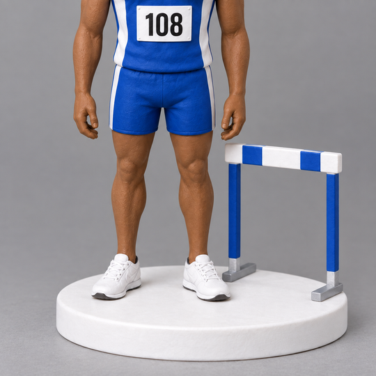 Hurdler bobblehead feet base and miniature hurdle detail