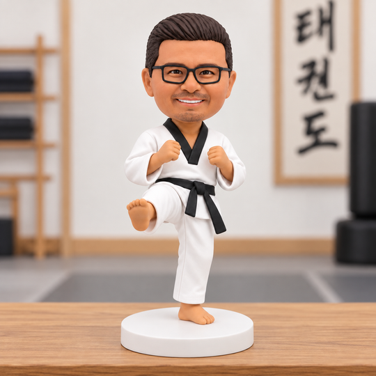 Custom taekwondo bobblehead in martial arts studio display
