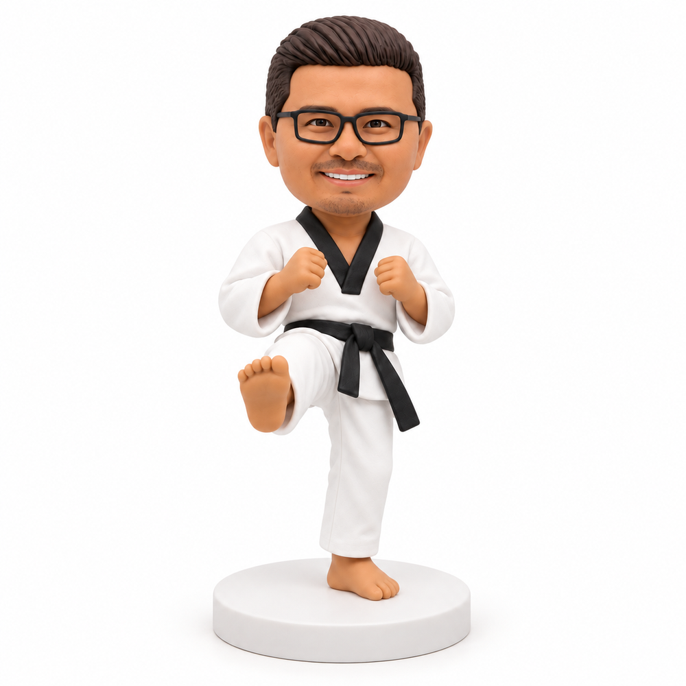 Custom taekwondo bobblehead front kick view