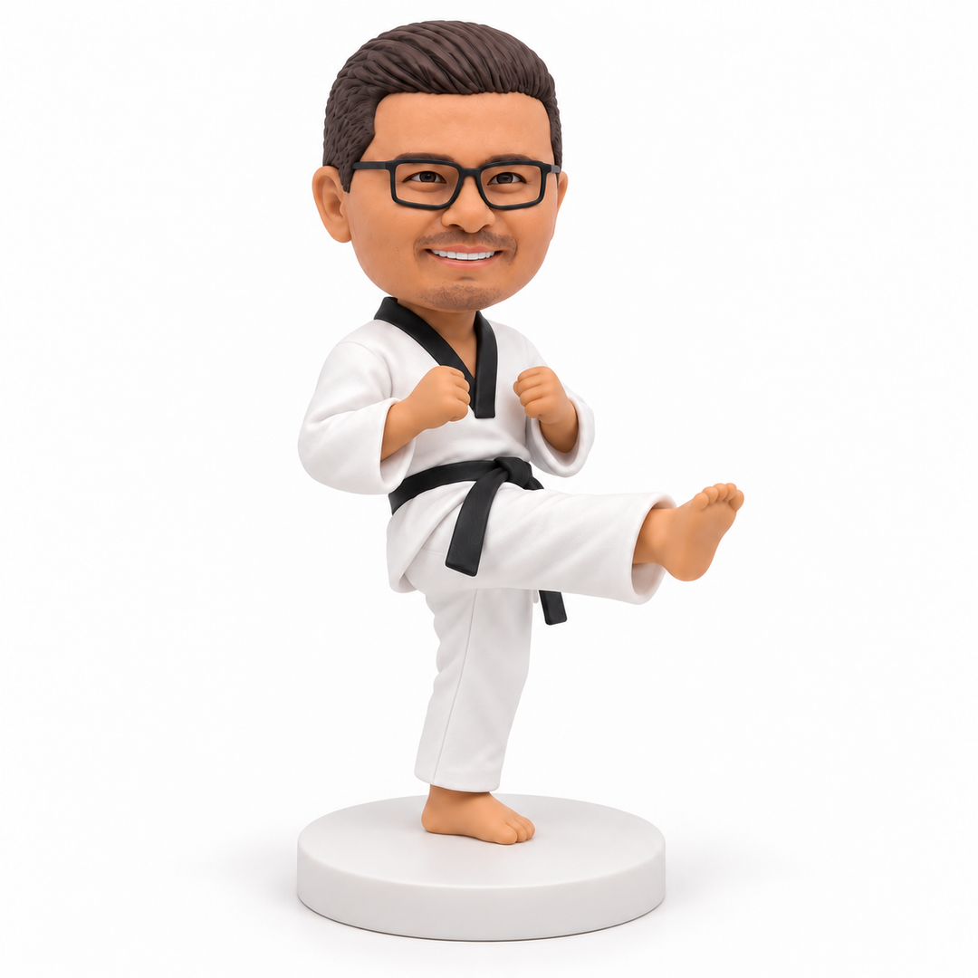 Custom taekwondo bobblehead angled view