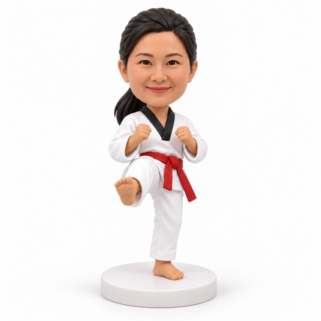 Personalised female taekwondo bobblehead with red belt