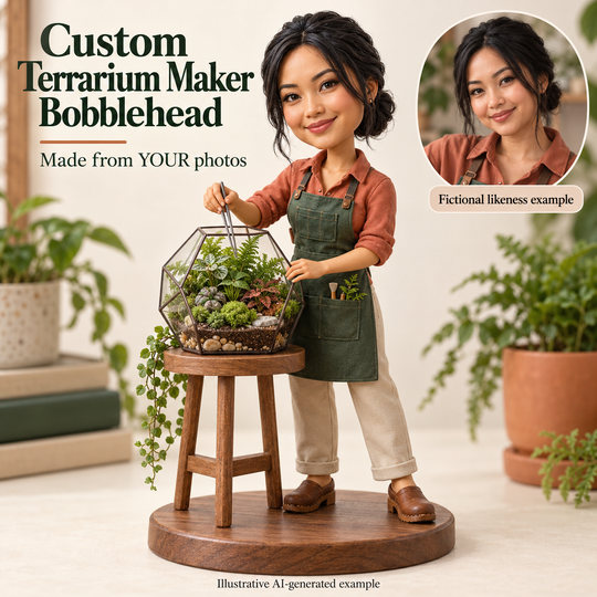 Custom terrarium maker bobblehead with fictional portrait likeness example
