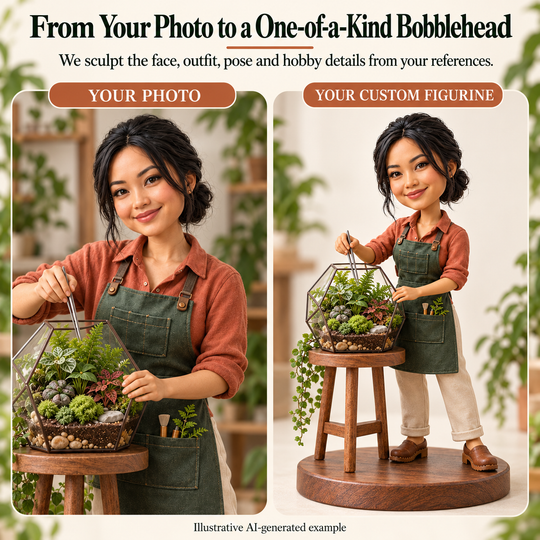 Your photo and custom terrarium maker figurine comparison, illustrative AI-generated example