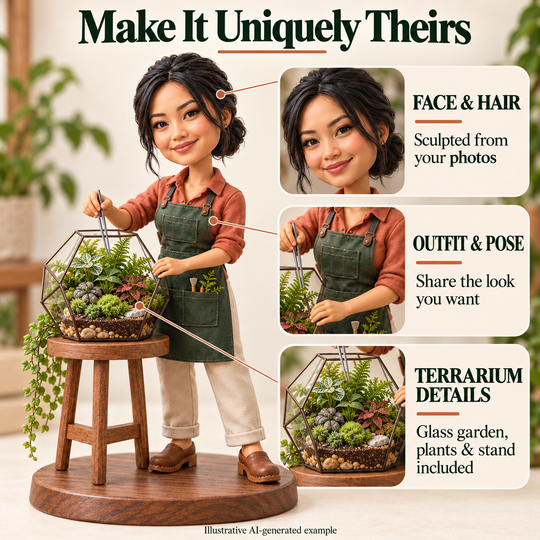 Custom terrarium maker bobblehead face outfit pose and terrarium detail options