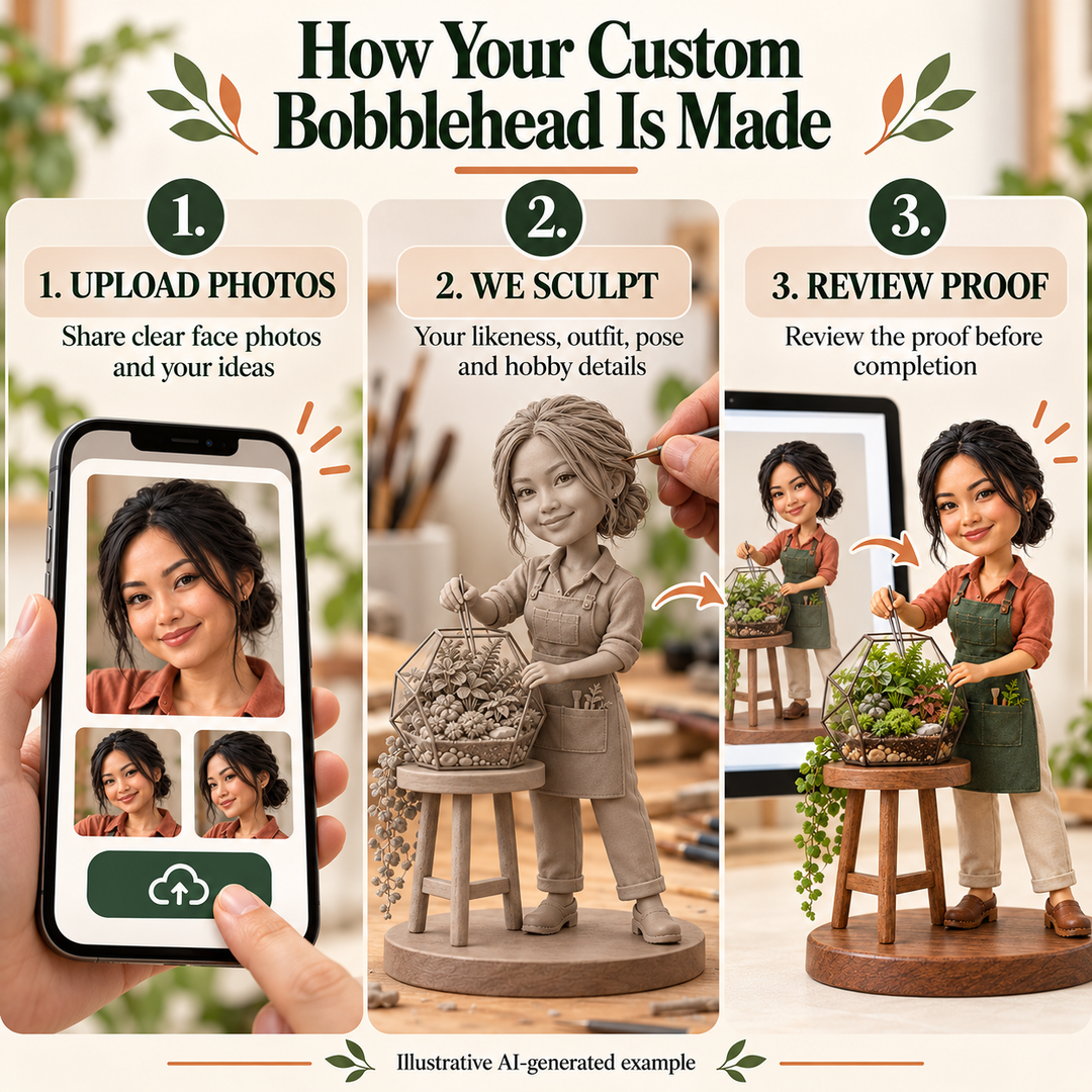 Upload photos, sculpt and proof review process for a custom terrarium maker bobblehead