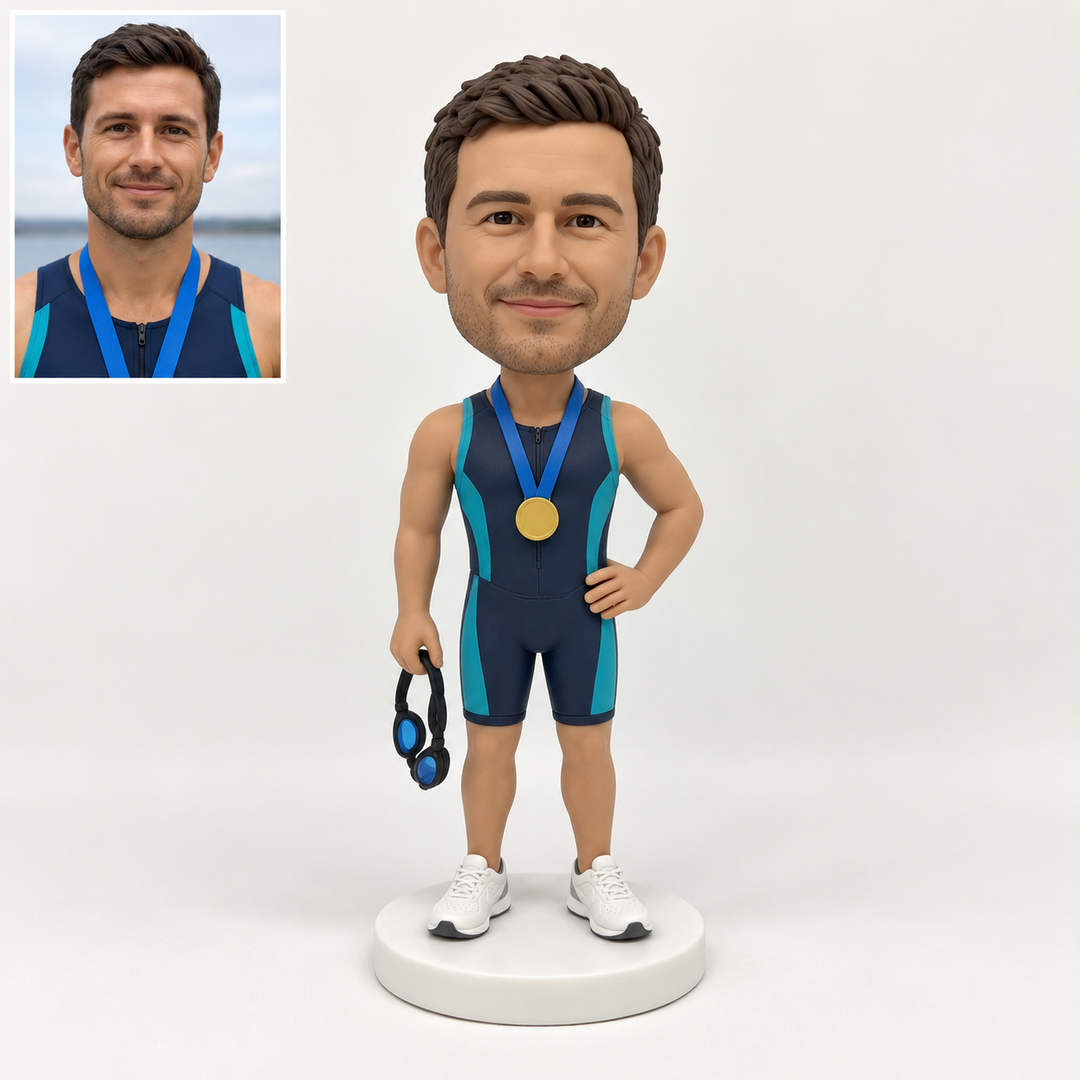 Custom triathlete bobblehead with matching portrait comparison