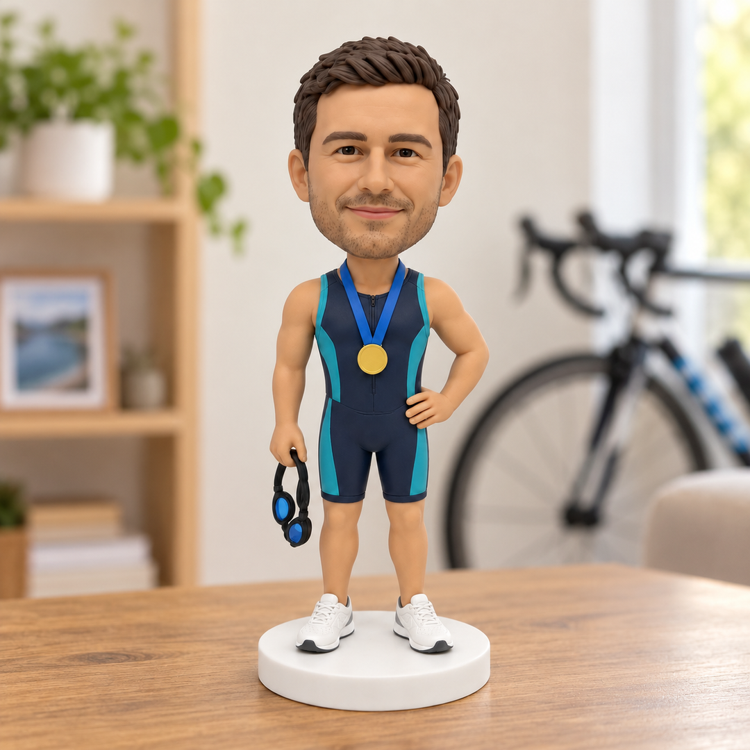 Custom triathlete bobblehead displayed at home