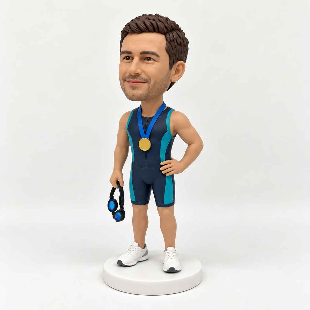 Custom triathlete bobblehead three-quarter view