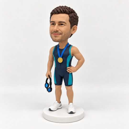 Custom triathlete bobblehead three-quarter view