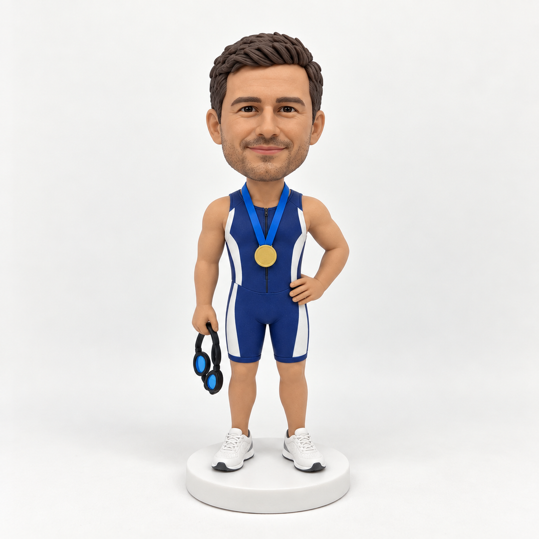 Custom triathlete bobblehead blue and white suit