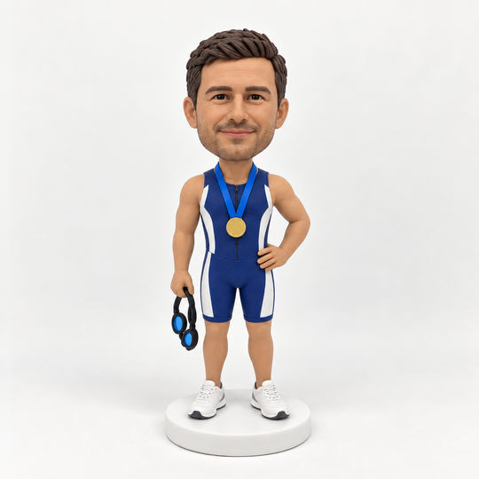 Custom triathlete bobblehead blue and white suit