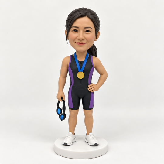 Custom female triathlete bobblehead purple suit
