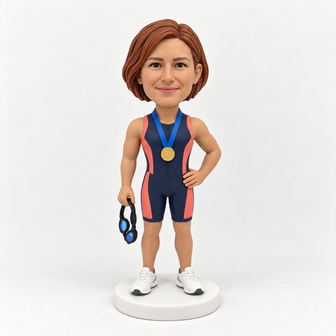 Custom female triathlete bobblehead coral and navy suit