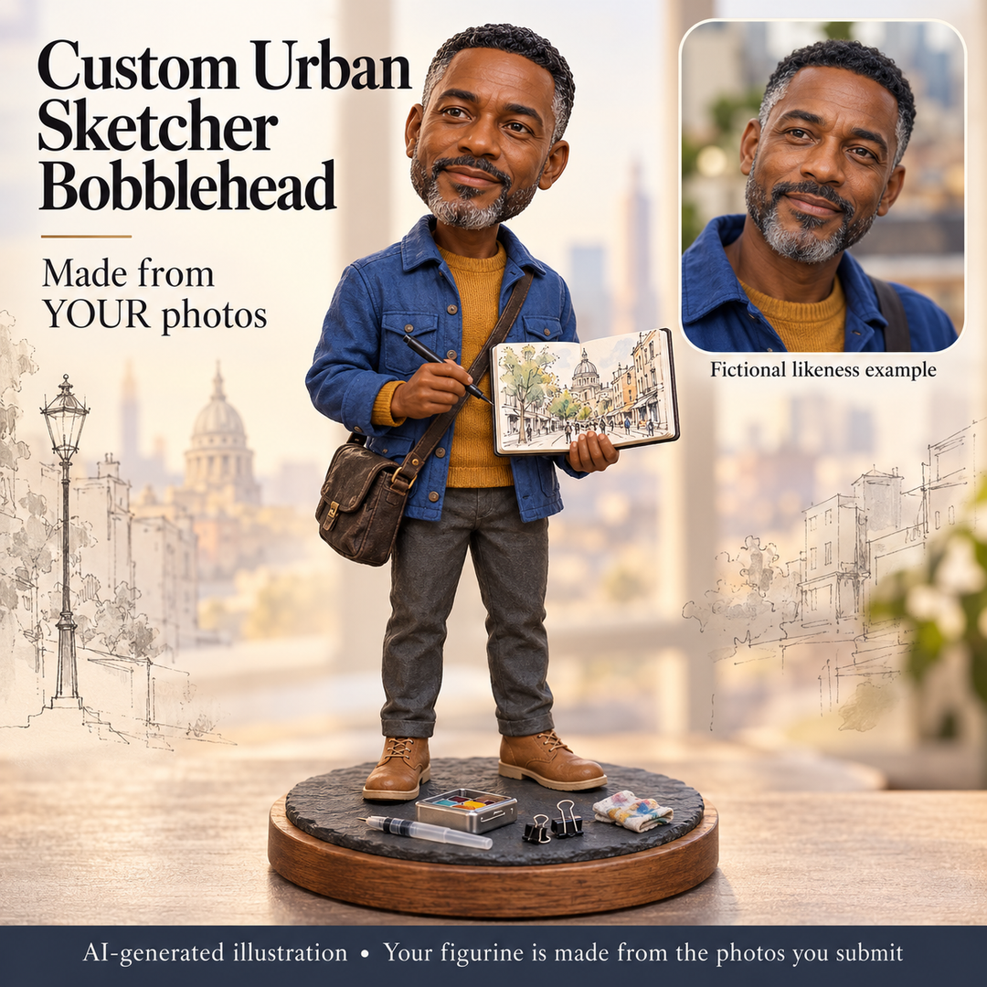 Custom Urban Sketcher bobblehead with fictional portrait likeness example
