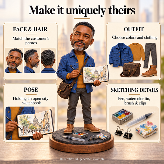 Custom Urban Sketcher bobblehead face, outfit, pose and prop options, illustrative AI-generated example