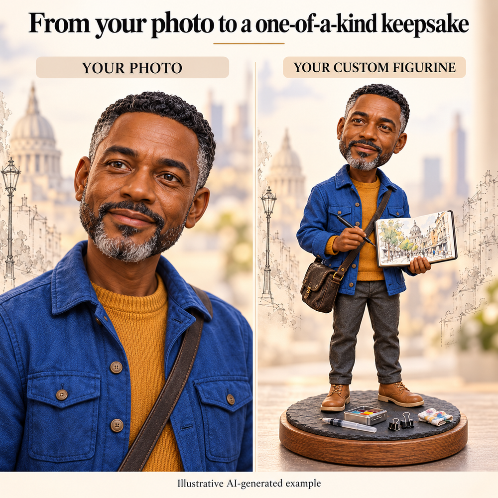 Your photo to custom Urban Sketcher figurine comparison, illustrative AI-generated example