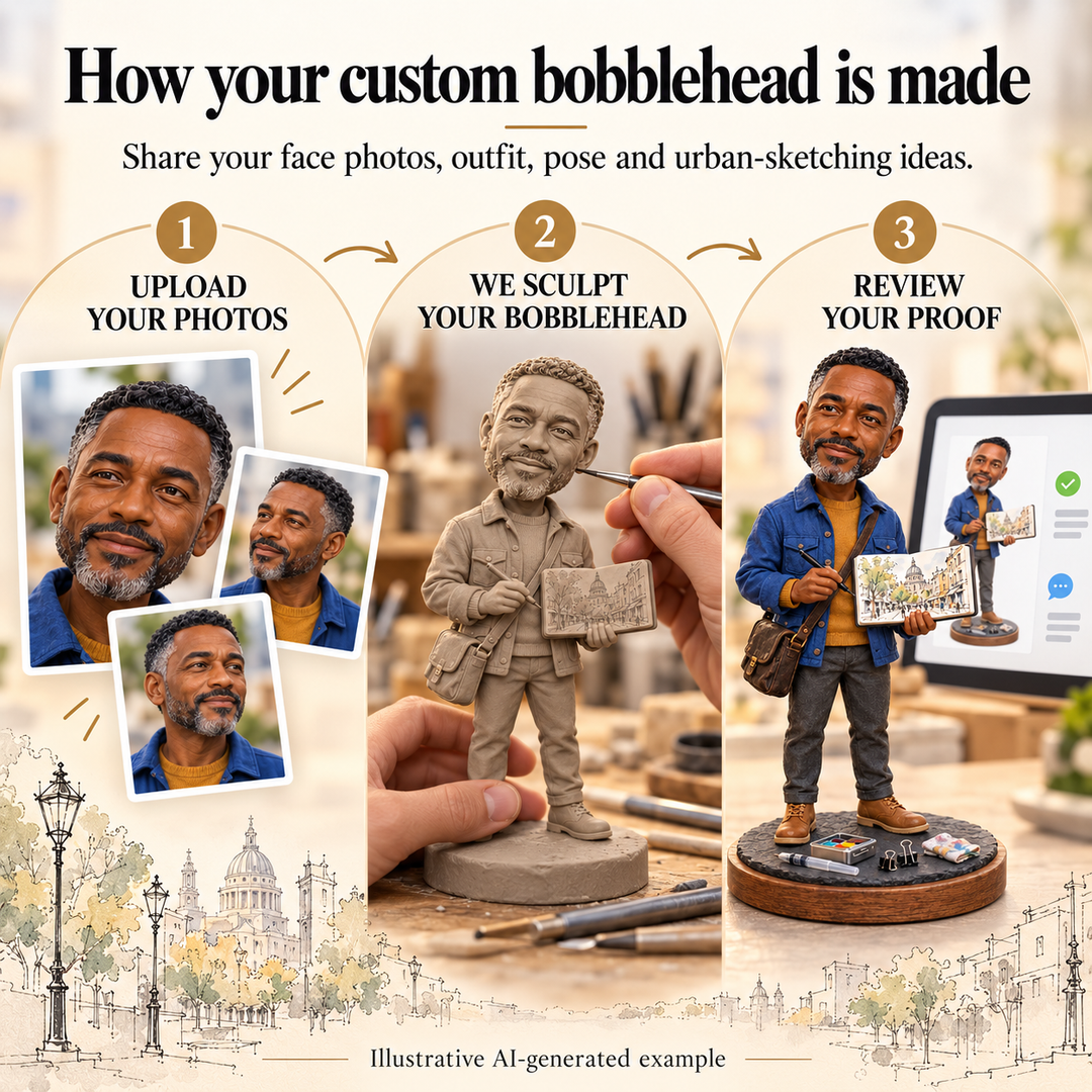 Upload photos, sculpt and review proof process for custom Urban Sketcher bobblehead, illustrative AI-generated example