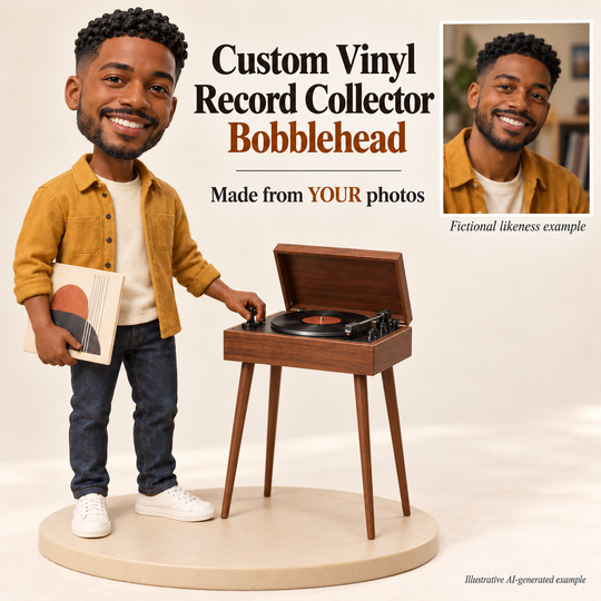 AI-generated illustration of a handmade custom vinyl record collector bobblehead beside a matching fictional human portrait.