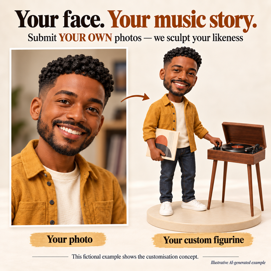 AI-generated fictional example comparing a person's own face photo with a matching custom vinyl collector figurine.