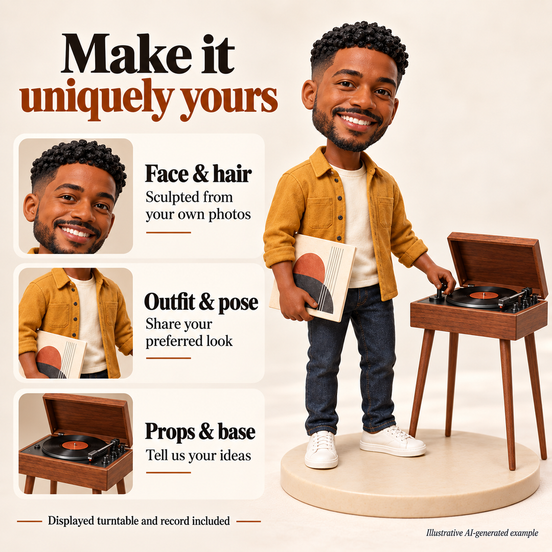 AI-generated illustrative vinyl collector figurine showing face, hair, outfit, pose, turntable prop and base customisation options.