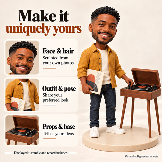 AI-generated illustrative vinyl collector figurine showing face, hair, outfit, pose, turntable prop and base customisation options.