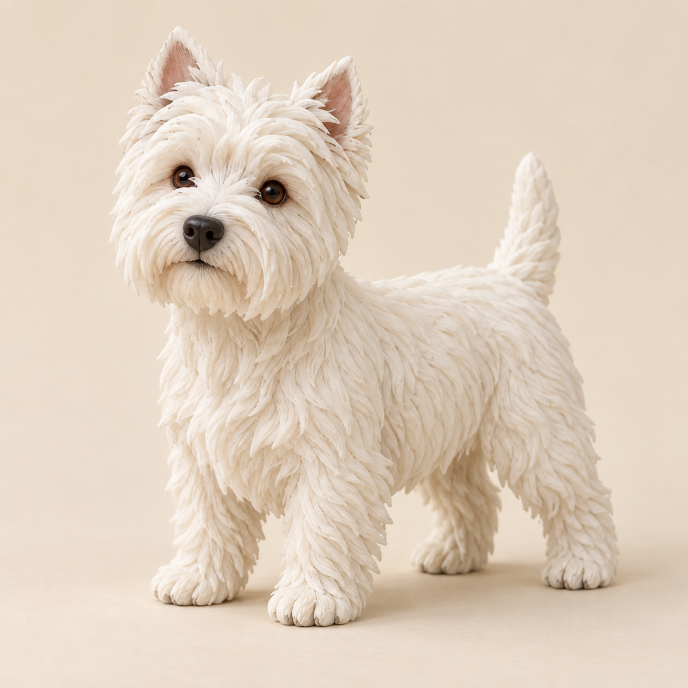 Illustrative front view of a custom West Highland White Terrier polymer clay figurine.