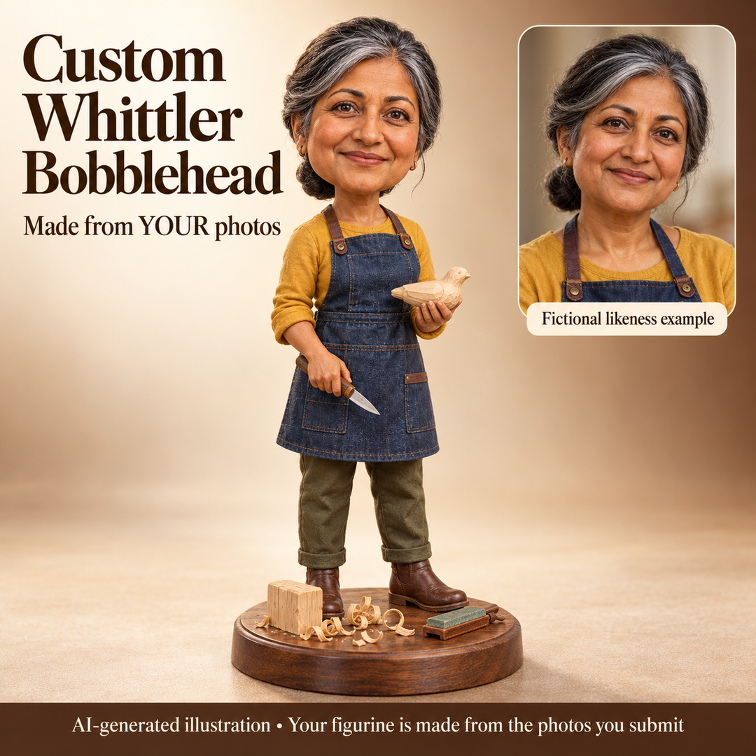 Custom whittler bobblehead with a fictional matching portrait showing how a figurine can be made from submitted photos