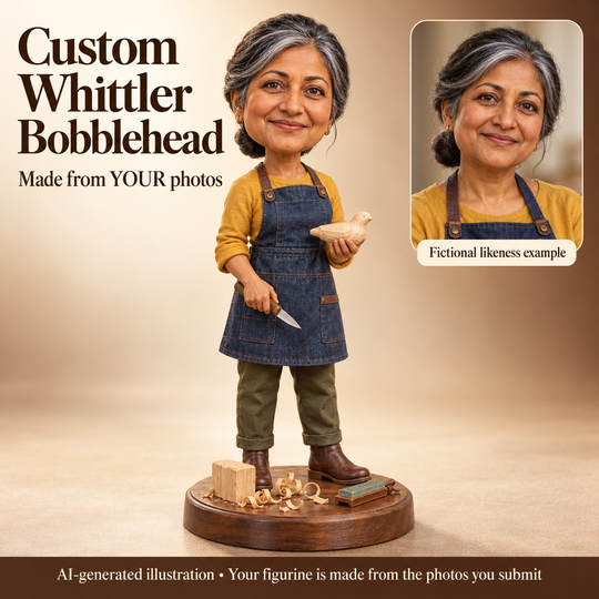 Custom whittler bobblehead with a fictional matching portrait showing how a figurine can be made from submitted photos