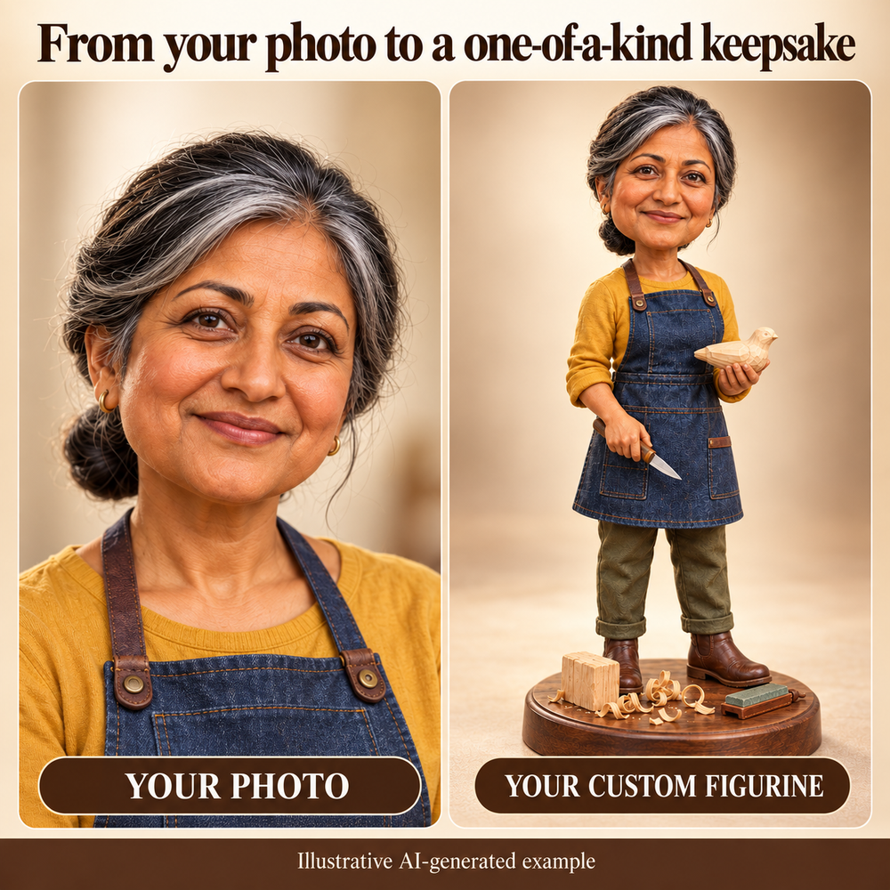 Fictional AI-generated example comparing a submitted portrait concept with a custom whittler bobblehead