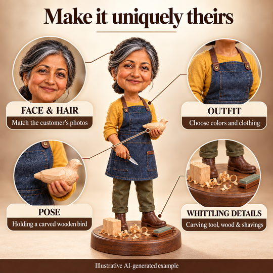 Custom whittler bobblehead options for face, hair, outfit, pose and carving details