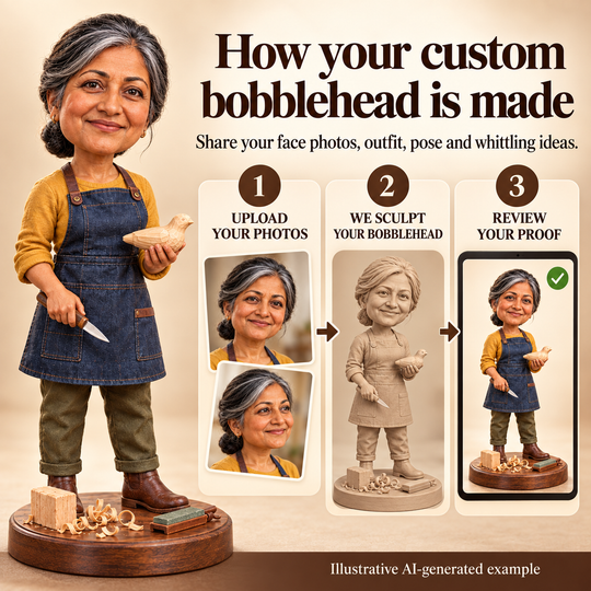 Custom bobblehead process showing photo upload, sculpting and proof review using fictional AI-generated examples