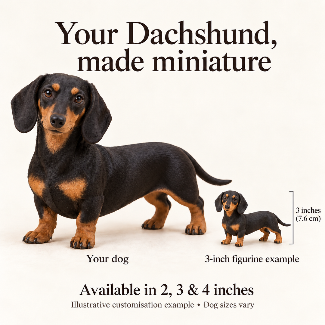 Illustrative Dachshund comparison showing a small 3-inch figurine example beside a dog; available in 2, 3 and 4 inches. Dog sizes vary.