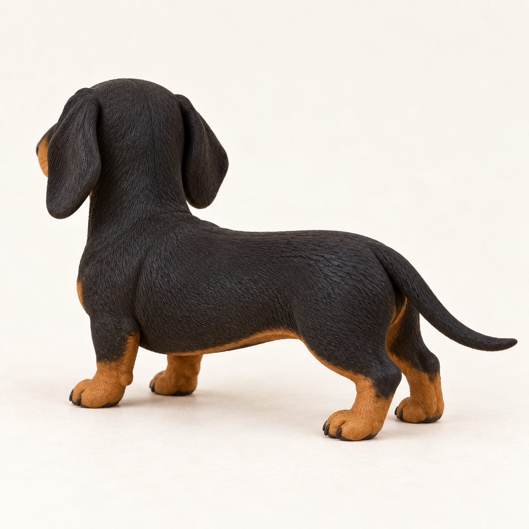 Illustrative rear view of a black-and-tan Dachshund figurine.