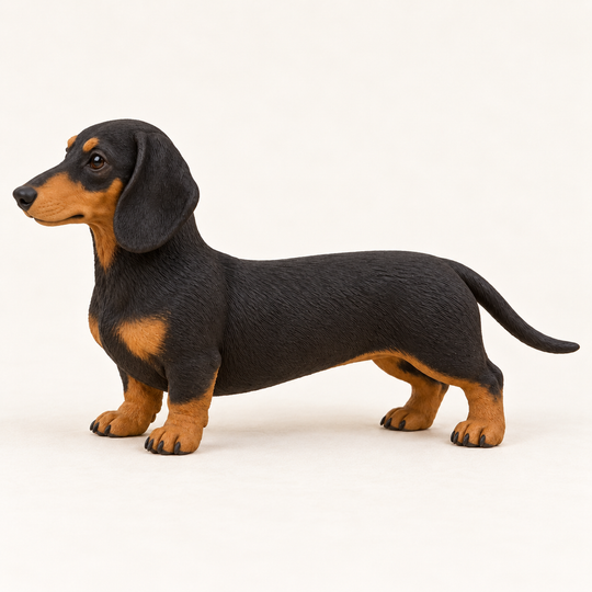 Illustrative side view of a standing Dachshund figurine with a long body and short legs.