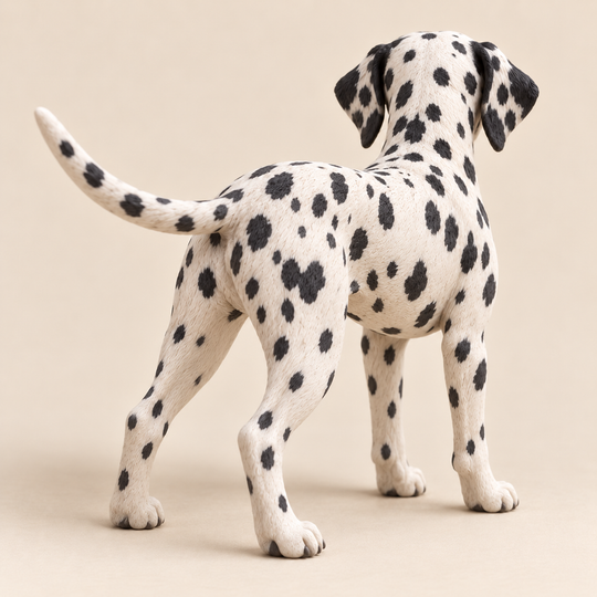 Illustrative rear view of a custom Dalmatian polymer clay figurine.