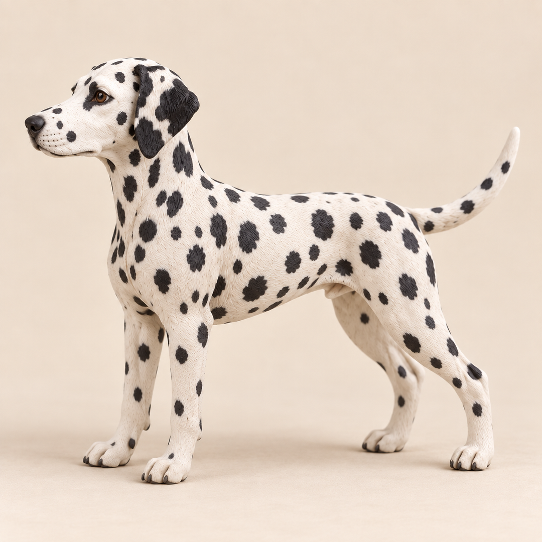 Illustrative side view of a custom Dalmatian polymer clay figurine.