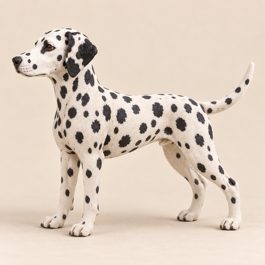 Illustrative side view of a custom Dalmatian polymer clay figurine.
