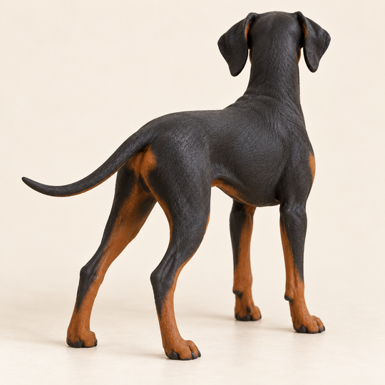 Illustrative rear view of a custom Doberman Pinscher polymer clay figurine.