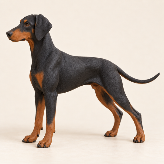 Illustrative side view of a custom Doberman Pinscher polymer clay figurine.