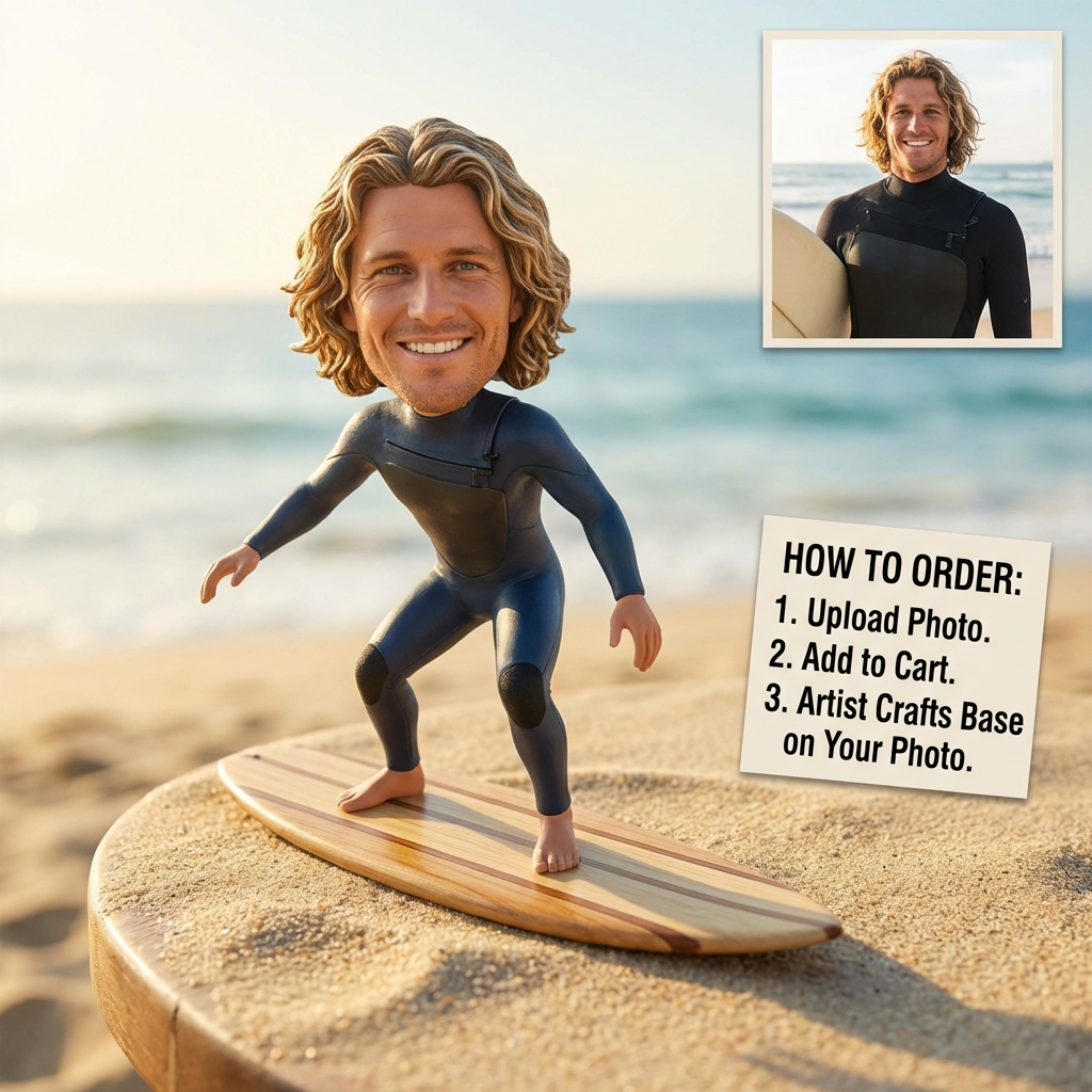 Custom Surfer Bobblehead – Personalized Surfing Figurine & Unique Beach Gift