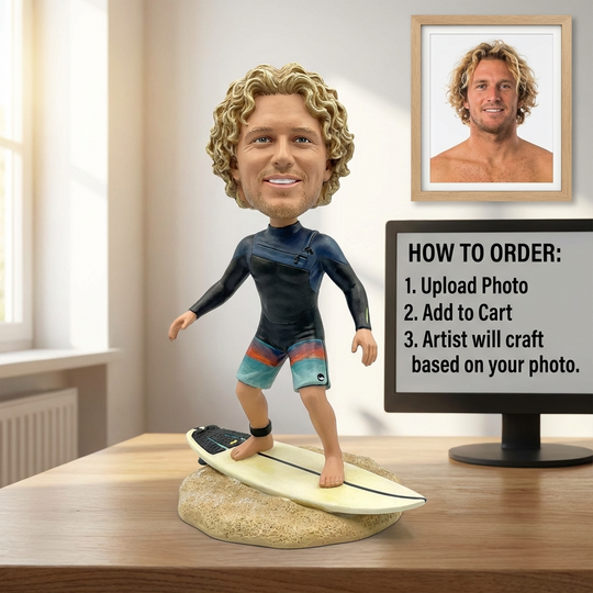 Custom Surfer Bobblehead – Personalized Surfing Figurine & Unique Beach Gift